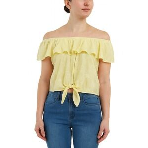 BCX Embroidered Off-the-Shoulder Floral Ruffle Tie-Front Top Yellow Women's L